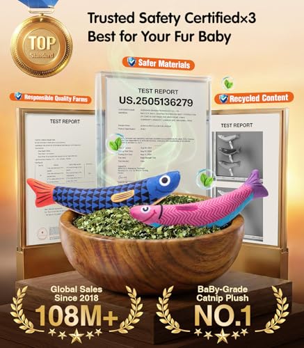 PetBusy Cat Toys with[5000mg A+Natural Catnip &Silvervine] [Baby Grade] Interactive Soft Chew Kicker Cat Toys for Indoor Cats & Kittens, [Crinkle &Bell] Fish Sound Toy, Drives Bored Cat Crazy with Fun