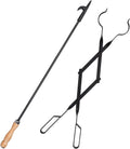 Heavy Duty 32” Long Fireplace Fire Pit Campfire Poker Stick and 26” Fireplace Tongs Tool Sets, Log Grabber, Rust Resistant Black Finish Camping Fireplace Tools for Indoor/Outdoor