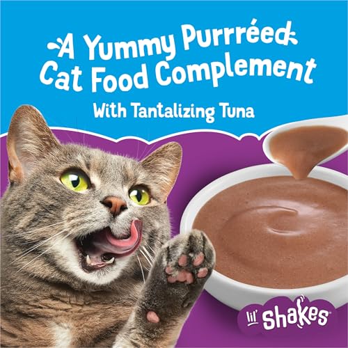 Purina Friskies Pureed Cat Food Topper, Lil’ Shakes With Tantalizing Tuna Lickable Cat Treats - (Pack of 16) 1.55 oz. Pouches