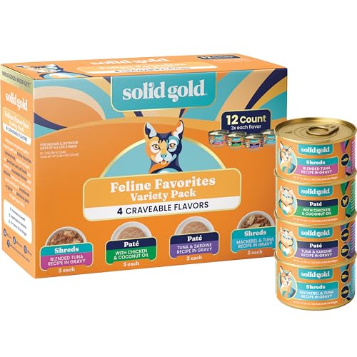 Solid Gold Wet Cat Food Variety Pack - Pate & Shreds in Gravy - Healthy Canned Cat Food Pate w/Real Chicken, Tuna, Mackerel & Sardine - Grain Free & Gluten Free Can Meals for Cats & Kittens - 12ct/3oz