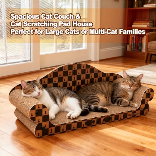 27 Inch Cat Couch Scratcher, Large Cardboard Box with Durable Scratch Pad for Cats, Comfortable Cat Scratching Sofa & Cozy Nest with Reversible Scratchers