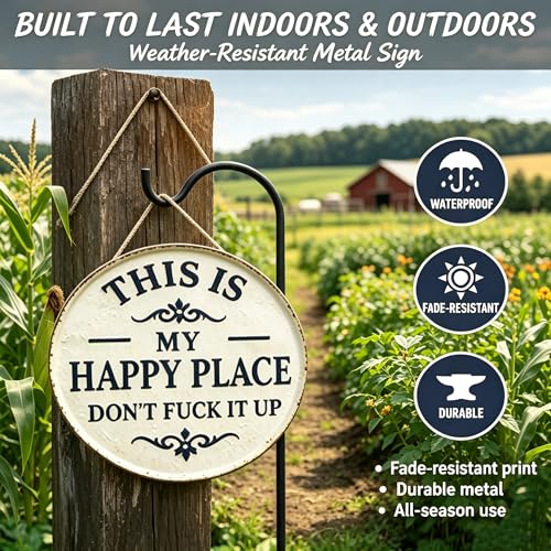 Funny Garden Metal Sign -"This Is My Happy Place Don't F*ck It Up Vintage Decor, Farmhouse Outdoor Art,Welcome Round Sign for Home Garden Farm Bar or Coffee Wall Decor (11.8 * 11.8in)