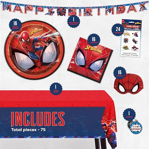 Spiderman Birthday Decorations | Spiderman Party Supplies | Serves 16 Guests | Marvel Superhero Spidey and His Amazing Friends | Table Cover, Spider Man Banner, Plates, Napkins, Masks and Button |