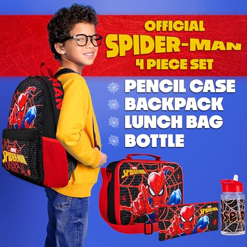 Marvel Spiderman Backpack Lunch Box Water Bottle Pencil Case 4 pc Set for Boys Girls Bookbag Picnic Backpacks Gifts for Kids