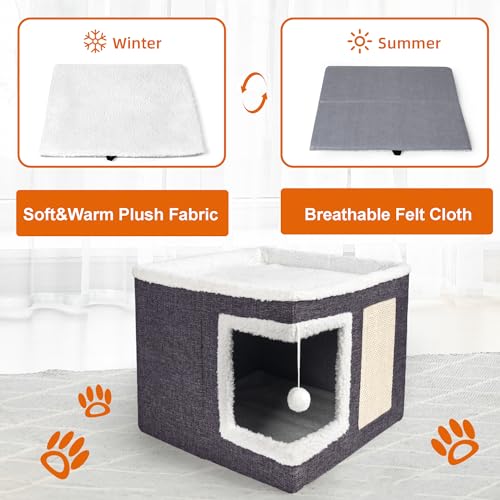 Loyareal Cat Houses for Indoor Cats - Large Cat Bed Cave with Scratch Pad and Fluffy Ball, Foldable Cat Condo Hideaway with Reversible Cushion for Multi Small Pet, Dark Grey