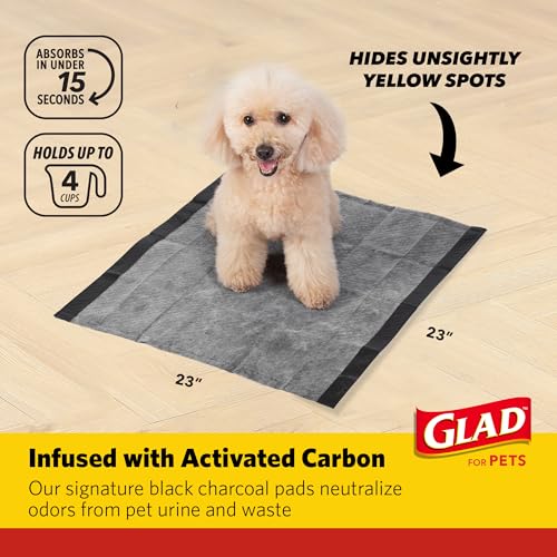 Glad for Pets Activated Carbon Disposable Dog Training Pads, 100 Count | Ideal for puppies, senior dogs, incontinence, and post-surgery, ultra-absorbent, keeps floors & crates dry, 23 x 23 in