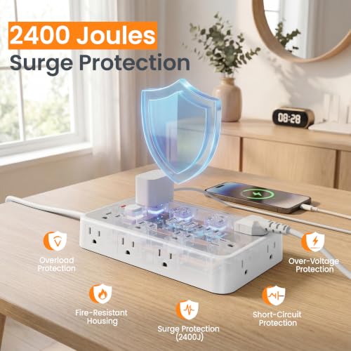6 FT Surge Protector Power Strip with 6 USB, 16 Outlets, 2400J | 3 USB-A & 3 USB-C Ports, 1.7" Wide-Spaced Outlets, 1875W/15A, Flat Plug, 4-Sided Design for Home, Office, Dorm & Gaming