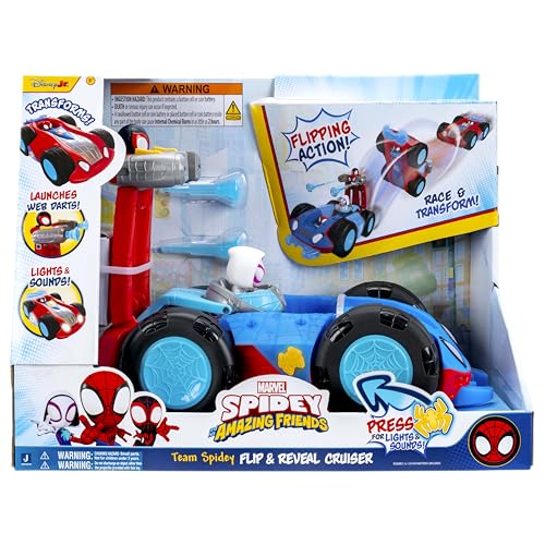 Jazwares Marvel Spidey and His Amazing Friends Team Spidey Flip and Reveal Cruiser - 11-Inch Double-Sided Vehicle with Lights, Sounds, and Web Blast Launchers