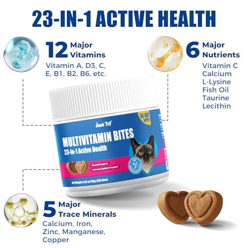 Just Try 23 in 1 Taurine for Cats Vitamins Treats with L-Lysine for Immune, Joint Support Skin & Coat & Heart Health - Multivitamin, HIV Omega 3, Biotin Supplements for Indoor & Senior Cat - 300 Bites