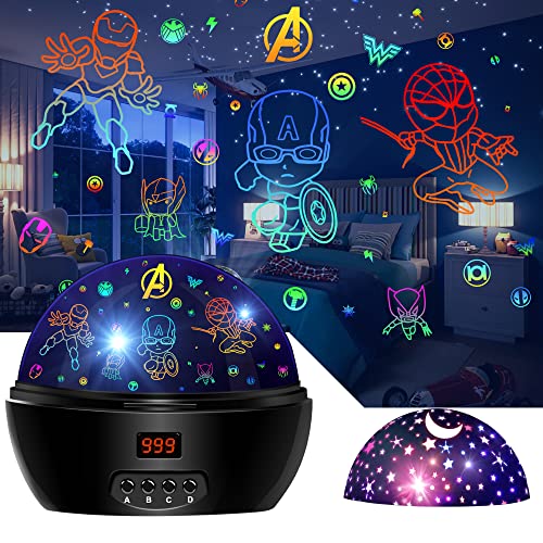 MOKOQI Kid Light Projector Superhero Toys for Boys 5-7 Avengers Night Light Projector with Timer for Kids Room, 360 Degree Rotation Toddler Nightlights with Spiderman Figurine Star Lamps