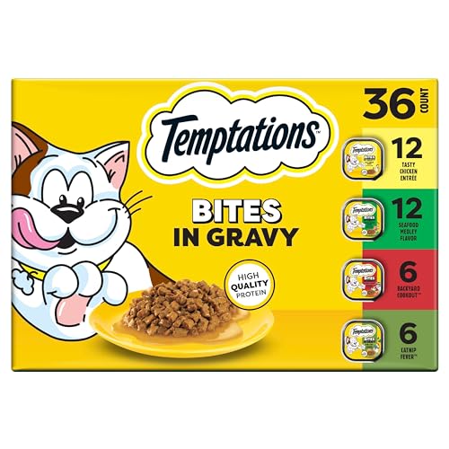 Temptations Bites in Gravy Adult Wet Cat Food Tasty Chicken Entree, Seafood Medley, Backyard Cookout, and Catnip Fever, 3.5 oz. Trays (36 Count, Pack of 1)