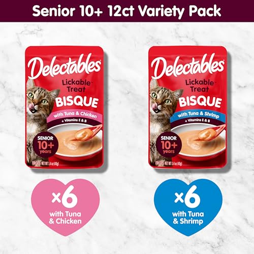 Delectables Lickable Treat Bisque Senior 10+ Wet Cat Treat Variety Pack, Food Topper, Hydrating, Grain-Free, No Fillers, No By-Products, No Added Preservatives, 1.4oz Pouch, 12ct