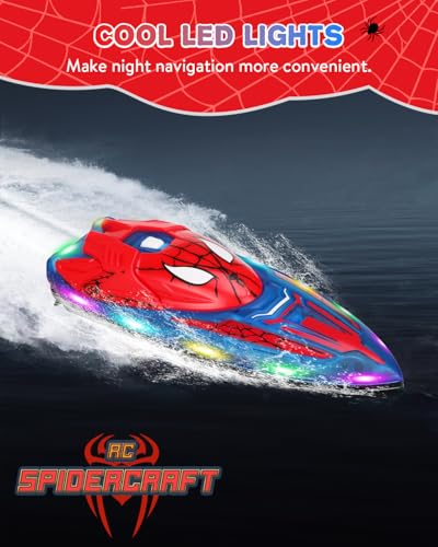 Spider Hero RC Boat, 2.4GHz Remote Control Boat with LED Lights for Kids, Pool Toy with 2 Rechargeable Batteries, Spray Function, and Low Battery Alarm for Boys & Girls