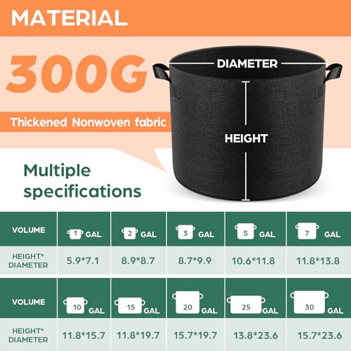 Jorvila 5-Pack 5 Gallon Grow Bags | Thickened Nonwoven Fabric Pots, Garden Grow Bags with Handles, Heavy Duty 300G Outdoor Planters