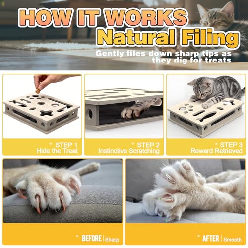Cat Scratch Puzzle Enrichment Box, Interactive Cat Nail File Box with Sandpaper Liner for Cat Claw Care, Cat Scratch Puzzle Box - Stress Free Alternative to Clippers & Grinders for Indoor Cats