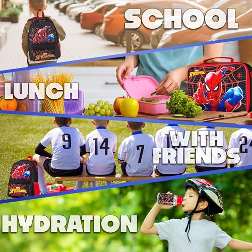 Marvel Spiderman Backpack Lunch Box Water Bottle Pencil Case 4 pc Set for Boys Girls Bookbag Picnic Backpacks Gifts for Kids