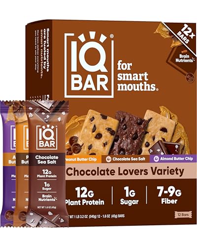 IQBAR Clean Plant Protein Bars - Chocolate Lovers Variety - 12 Count - Keto, Vegan, High Fiber, Gluten and Dairy Free, Low Sugar Snack - Brain and Body Nutrients for Focus, Energy, Meal Replacement
