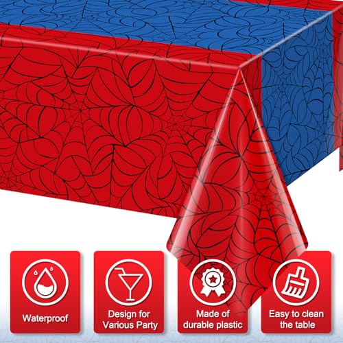 3Pcs Spider Web Themed Birthday Party Tablecloths Decorations,Red Blue Hero Plastic Table Cover Disposable Rectangle Table Cloth for Baby Shower Kids Boys Birthday Party Supplies,54x108 Inch
