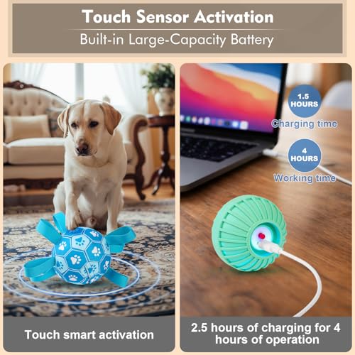 Interactive Dog Toys Dog Soccer Ball to Keep Them Busy,Durable Automatic Moving Jumping Dog Balls with Straps for Small/Medium/Large Dogs, USB Rechargeable,Not for Aggressive Chewers