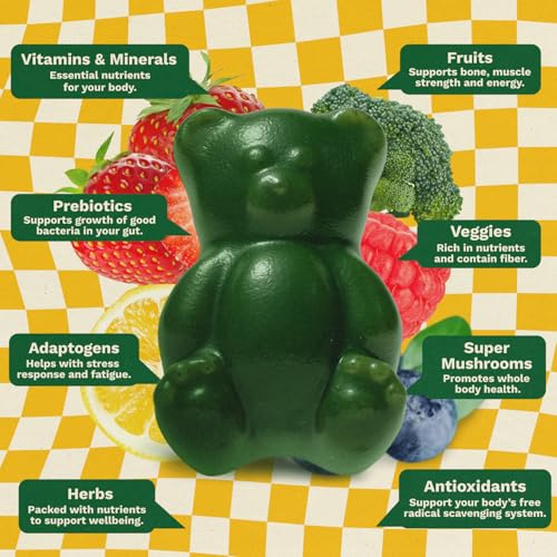 Gruns Multivitamin for Kids, Super Greens Gummies, Superfood Gummy Bears with 20+ Vitamins & Minerals, Spirulina, Chlorella, Alfalfa, Prebiotics Fiber for Digestive Health, Adaptogens Supplement, 28ct