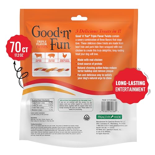 Good ‘n’ Fun Triple Flavor Twists for All Dogs, Treat Your Dog to Long-Lasting Chews Made with Beef Hide, Pork Hide and Chicken, 70 Count