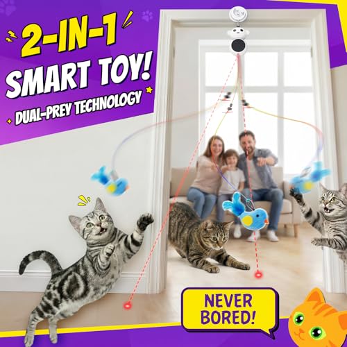 Interactive Cat Toys for Indoor Cats, 2-in-1 Laser Pointer Cat Toy with Automatic Flying Bird & Mouse Wand, Adjustable Speed USB Rechargeable Doorway Hanging Toy for Bored Kittens and Adult Cats