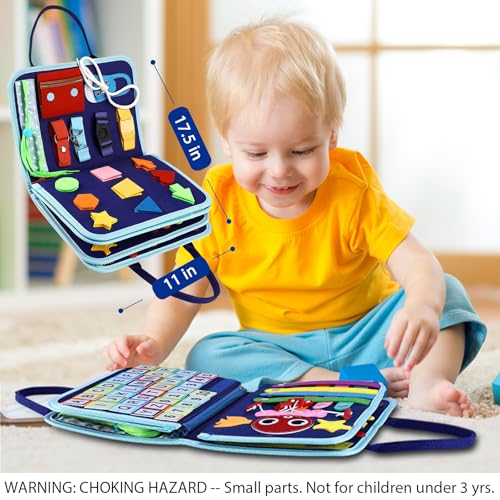 Esjay Toddler Busy Board Montessori Toys for Boys, Sensory Book Educational Activities for Learning Fine Motor Skills, Birthday Gifts for Boys Toddlers, Travel Toys for Airplane Car, Blue Dinosaur