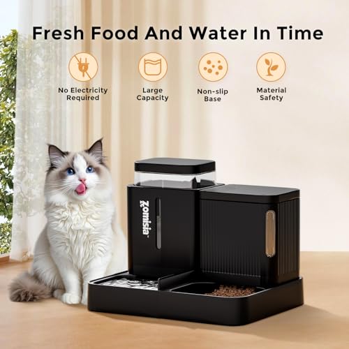 ZOMISIA Automatic Cat Feeder and Water Dispenser Set, 2 in 1 Gravity Cat Food Dispenser with 180 Degree Rotatable, Pet Self Feeding Large Capacity for Small Dogs Puppy Kitten, Black, 0.8 Gallon x 2