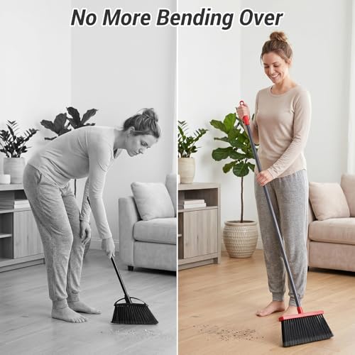 Broom with Dustpan Combo Set, Long Handle Upright Standing Self-Cleaning Broom and Dustpan Set for Pet Hair & Dust Cleanup, Indoor Outdoor Use for Home, Kitchen, Office, Red & Gray