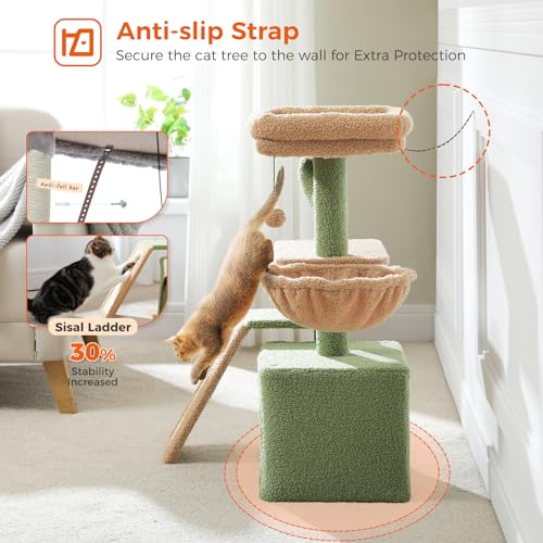 PETEPELA Cactus Cat Tree for Indoor Cats, 32'' Small Cat Tower Cat Condo with Sisal Scratching Ramp, Cozy Hammock and Removable Top Bed Perch for Kittens, Green