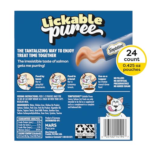 Temptations Creamy Puree Squeezable Lickable Cat Treats, Wet Cat Treats with Salmon, 0.42 oz. Tubes, 24 Count - Packaging May Vary