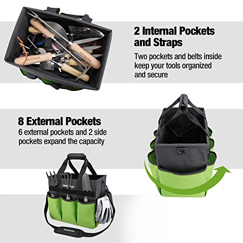 WORKPRO Garden Tool Bag, 10 Pockets and Shoulder Strap, Green | Heavy Duty Gardening Organizer Tote Bag, Standable Garden Tool Organizer (Tools not Included)