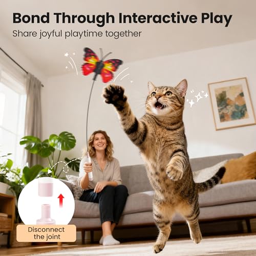 Potaroma Interactive Spinning Butterfly Cat Toy Wand – Rechargebale Electric Touch Activated Cat Teaser with Suction Cup Self-Play & Handheld Mode for Indoor Kittens, Durable Automatic Play Toy