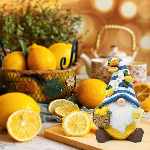 Lemon Decor Summer Garden Gnome Resin Figurines | Mediterranean Lemon Party Decoration for Home Kitchen Office Table Tiered Tray Summer Gnomes Gifts