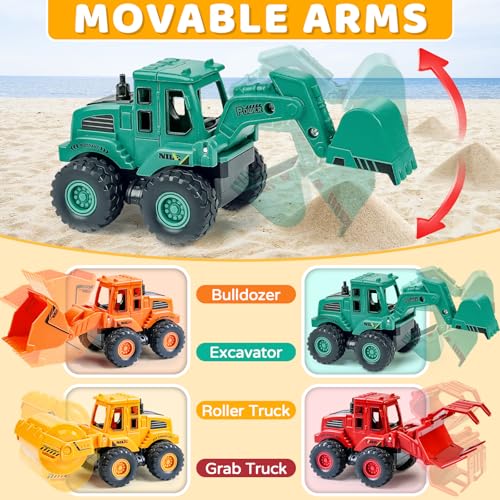 Beestech Construction Toys for 3 Years Old Boys Girls Kids, Friction Powered Construction Truck Toys Vehicles Sand Toys Trucks Excavator, Bulldozer, Road Roller (Colorful 4 Pack)