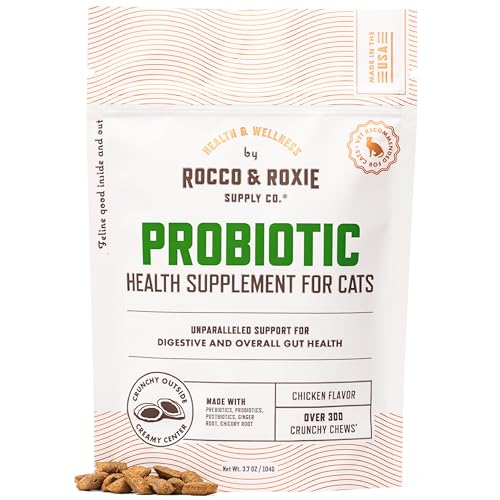 Rocco & Roxie Cat Probiotics, Health Supplement for Cats, Prebiotic & Postbiotic for Digestive + Gut Support, Constipation Relief, Anti Diarrhea, Supplements & Vitamins, Chicken Flavored Crunchy Chews