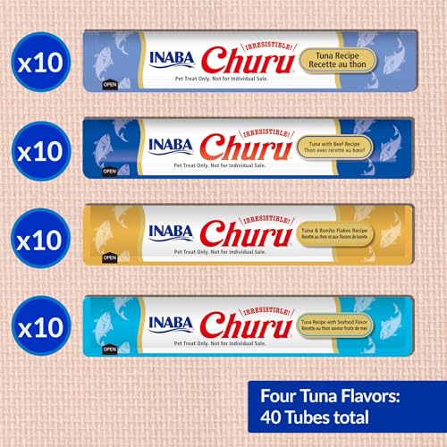 INABA Churu Cat Treats, Lickable, Squeezable Creamy Purée Cat Treat with Green Tea Extract & Taurine, 0.5 Ounces Each Tube, 40 Tubes, Tuna Variety Box