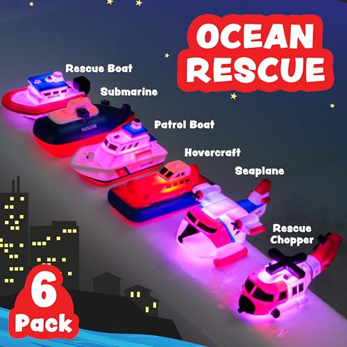 Tub Works® Ocean Rescue™ Vehicles Light Up Bath Toys, 6 Pack | Water-Activated Light Up Toys Flash & Change Color | Easy-Grip Baby & Toddler Bath Toys | Sensory Toys with Bath Lights for Kids Bath