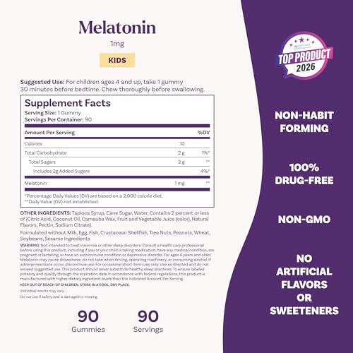 Natrol Kids Melatonin 1mg, for Restful Sleep, 90 Raspberry-Flavored Gummies