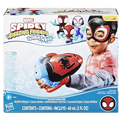 Spidey and his Amazing Friends Marvel Water-Webs Miles “Spin” Morales Electronic Bubble Slinger Role Play Set with Mask, Super Hero Toys for Kids, Ages 3+ ( Exclusive)