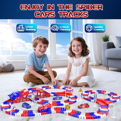 Spider Toys for Boys 4-6, Spider Race Track with 5 Cool Spider Cars Toys for Kids Boys Toddler, Flexible Car Tracks for Age 3 4 5 6 7 8 Year & Up Old Boy Girls Birthday Gifts