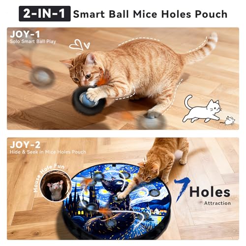 Interactive Cat Toy with Motion Activated Ball & 7-Hole Play Mat, Hide and Seek Exercise Game for Indoor Cats, Automatic Moving Cat Ball in Pouch, Rechargeable Kitten Toys (Starry Night)