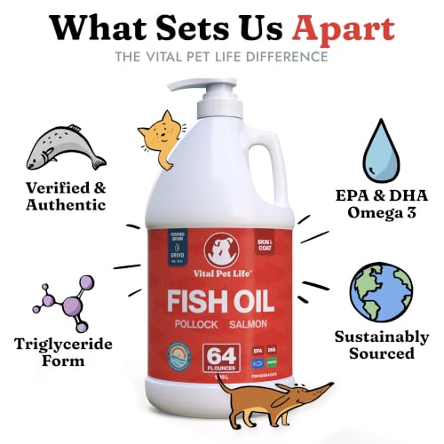 Fish Oil for Dogs, Healthy Skin & Coat Salmon Pollock Liquid Omega 3, 64 oz | Soft Shiny Glossy Coat, EPA DHA, Immune System & Heart Function Support, Normal Shedding, Supplement for Pets