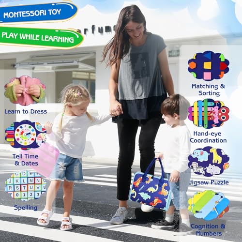 Esjay Toddler Busy Board Montessori Toys for Boys, Sensory Book Educational Activities for Learning Fine Motor Skills, Birthday Gifts for Boys Toddlers, Travel Toys for Airplane Car, Blue Dinosaur