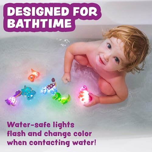 Tub Works® Dinos™ Dinosaur Light Up Bath Toys, 6 Pack | Water-Activated Light Up Toys Flash & Change Color | Easy-Grip Baby & Toddler Bath Toys | Sensory Bath Lights Watertight Bathtub Toys