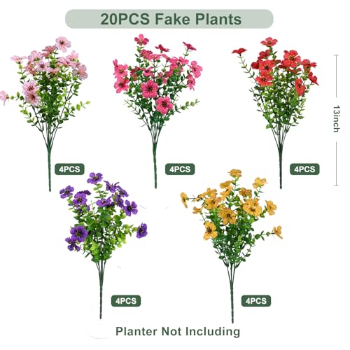 trytuny Artificial Flowers for Outdoor, UV Resistant Fake Silk Flowers, Realistic Faux Plants for Outside Indoor Porch Patio Window Box Planter Home Decor (20, Yellow Purple Rosy Pink Red)