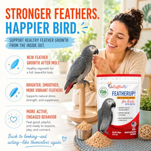 UnRuffledRx FeatherUp! Bird Molting Support & Feather Growth Supplement - for Plucking, Regrowth & Molt - Multivitamin & Amino Acids for All Birds - 90g (240 Servings)
