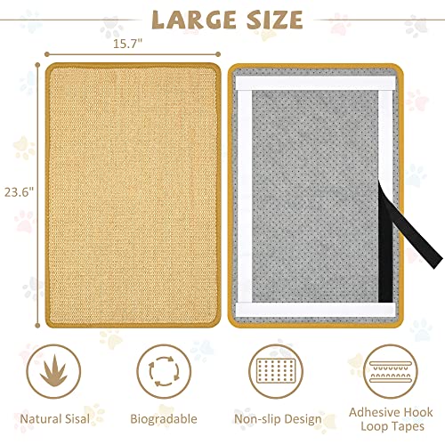Graciadeco Carpet Cat Scratching Mat Sisal, 2 Packs Sisal Fabric Large 23.6" x 15.7" Scratching Pad for Indoor Cats with Adhesive Hook Loop Tape, Cat Scratching Rug Wall Scratchers for Indoor