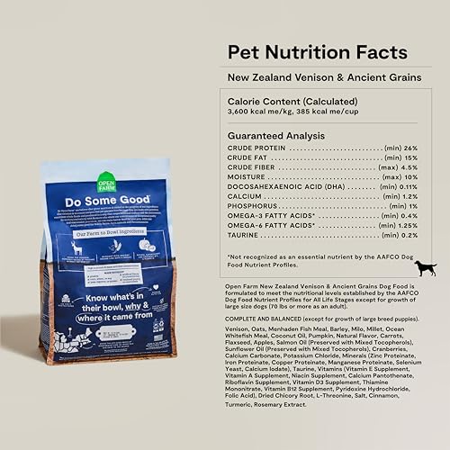 Open Farm, Ancient Grains Dry Dog Food, Protein-Rich & Nutrient Dense, 90% Animal Protein Mixed with Non-GMO Fruits, Veggies and Superfoods, New Zealand Venison Recipe, 22lb Bag