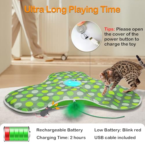 umosis Interactive Cat Toys Rechargeable,Moving Concealed Feathers,Real Mouse Squeaky,Touch Activated Cat Kitten Toy Exercise Toys for Indoor Bored Adult Cats